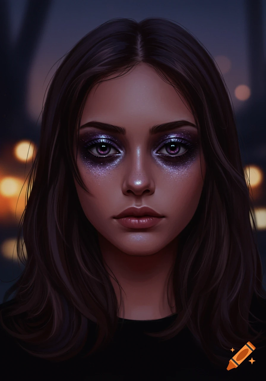 Stylized portrait of a girl with dark brown hair and sparkly purple eyeshadow, dark background.