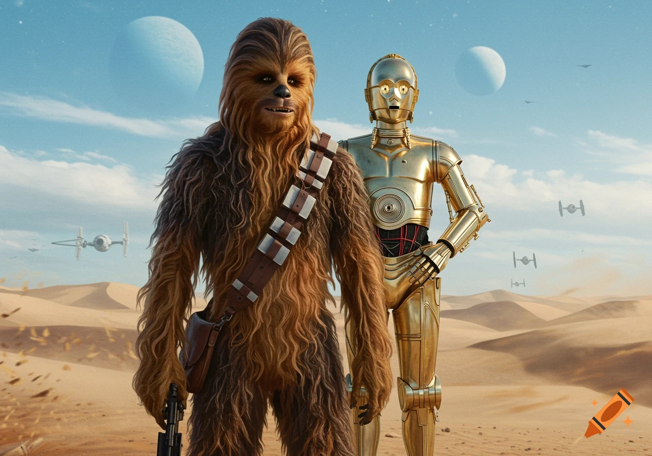 Chewbacca and C-3PO stand side-by-side in a desert landscape under a blue sky with distant planets and TIE fighters.
