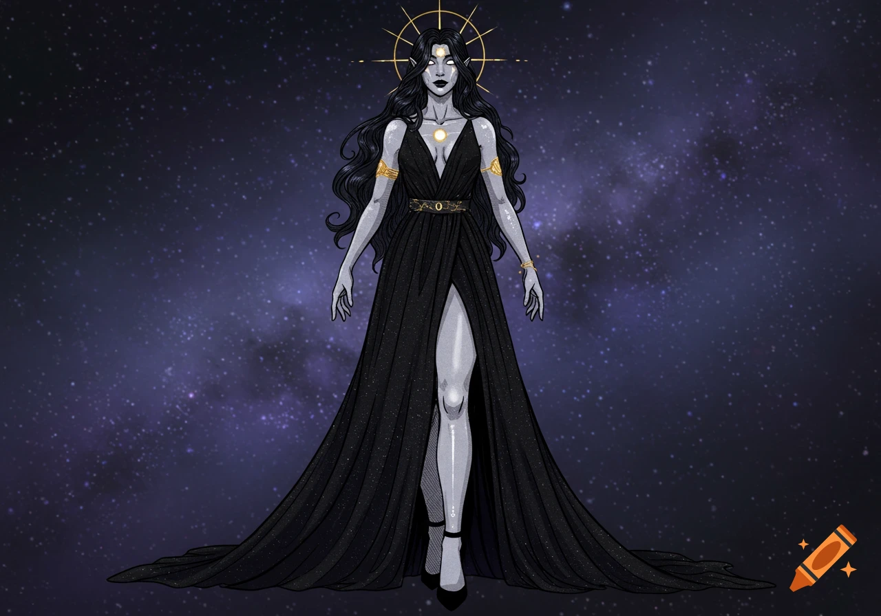 A fantasy goddess with grey skin and black hair in a long black dress stands against a starry space background.