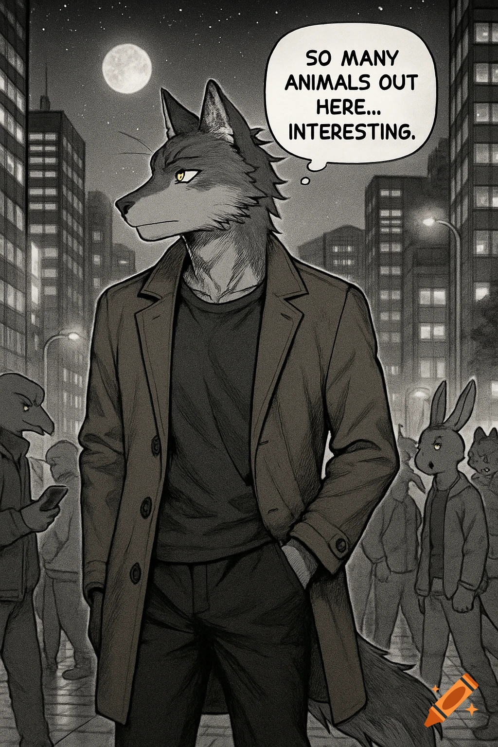 A monochromatic manga-style illustration of an anthropomorphic wolf in a trench coat, standing in a city at night with a full moon. A speech bubble reads "SO MANY ANIMALS OUT HERE... INTERESTING." Other animal-like figures are in the background.