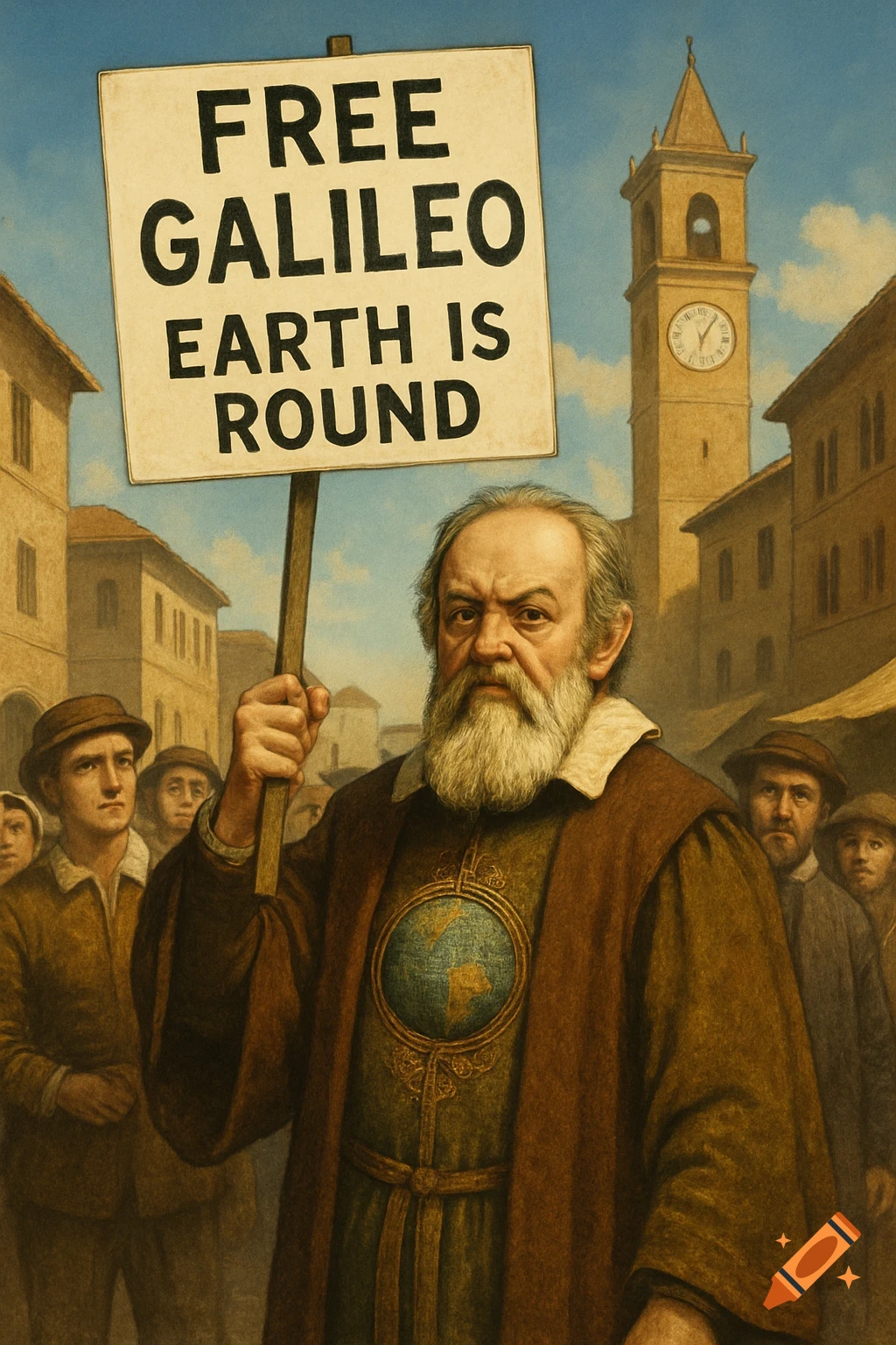 An oil painting of Galileo holding a protest sign that reads "FREE GALILEO EARTH IS ROUND" in a historical town square.