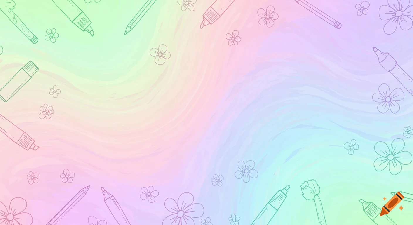 A pastel gradient background featuring scattered line art doodles of flowers, markers, and pencils.
