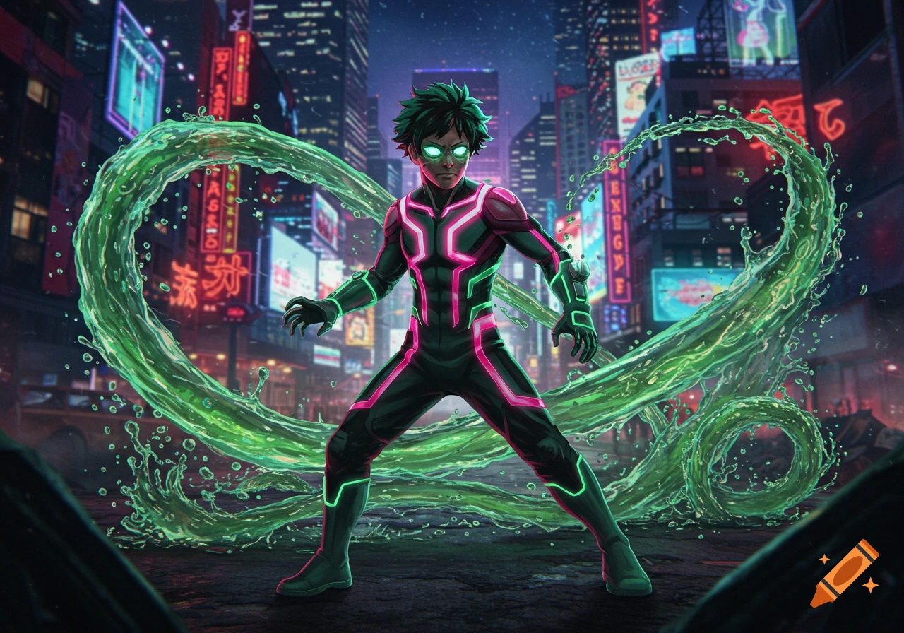 An anime superhero character with green hair and glowing eyes, wearing a black suit with neon pink and green lines, stands amidst swirling green liquid energy in a futuristic neon city at night.