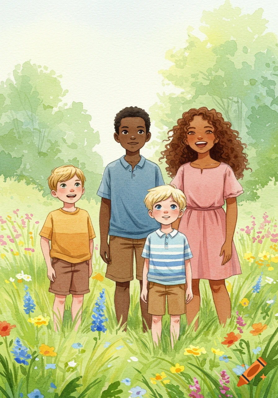 Watercolor illustration of four diverse children standing in a lush green meadow with wildflowers.
