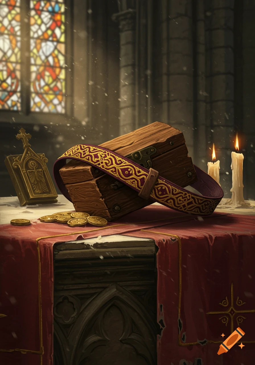 A priest's belt wrapped around a wooden coin box, with coins, candles, and a religious icon on a red table in a church.