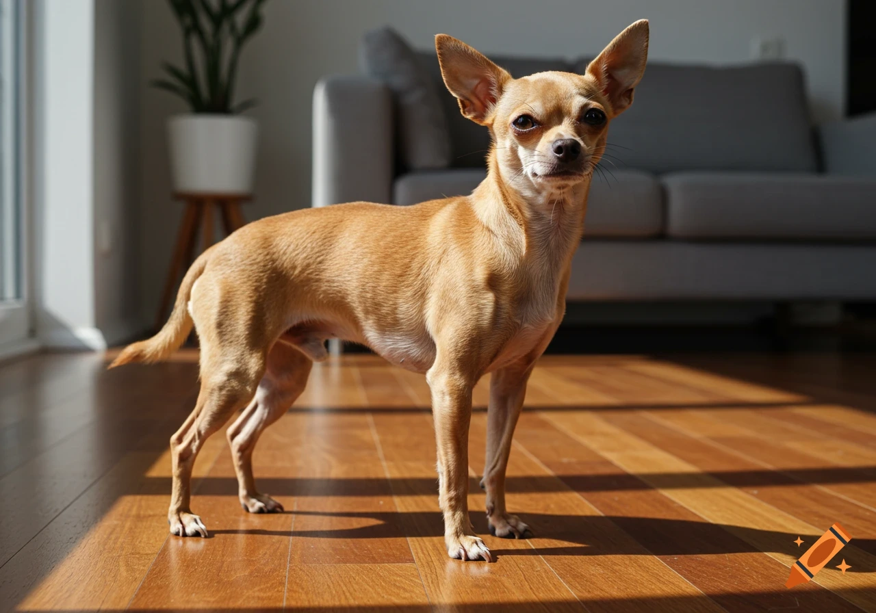 A light brown chihuahua stands on a polished wooden floor with sunlit streaks.
