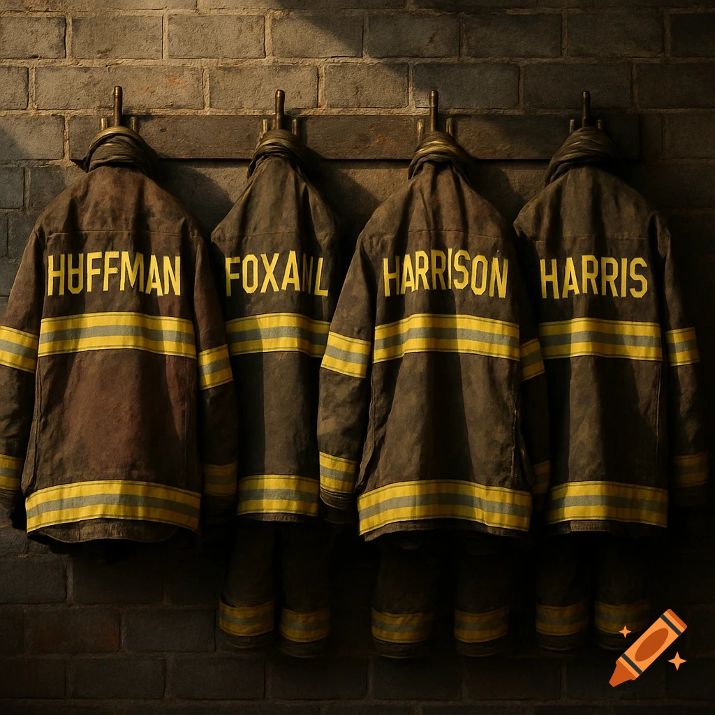 Four firefighter bunker coats with names Huffman, Foxail, Harrison, Harris hanging on a brick wall.