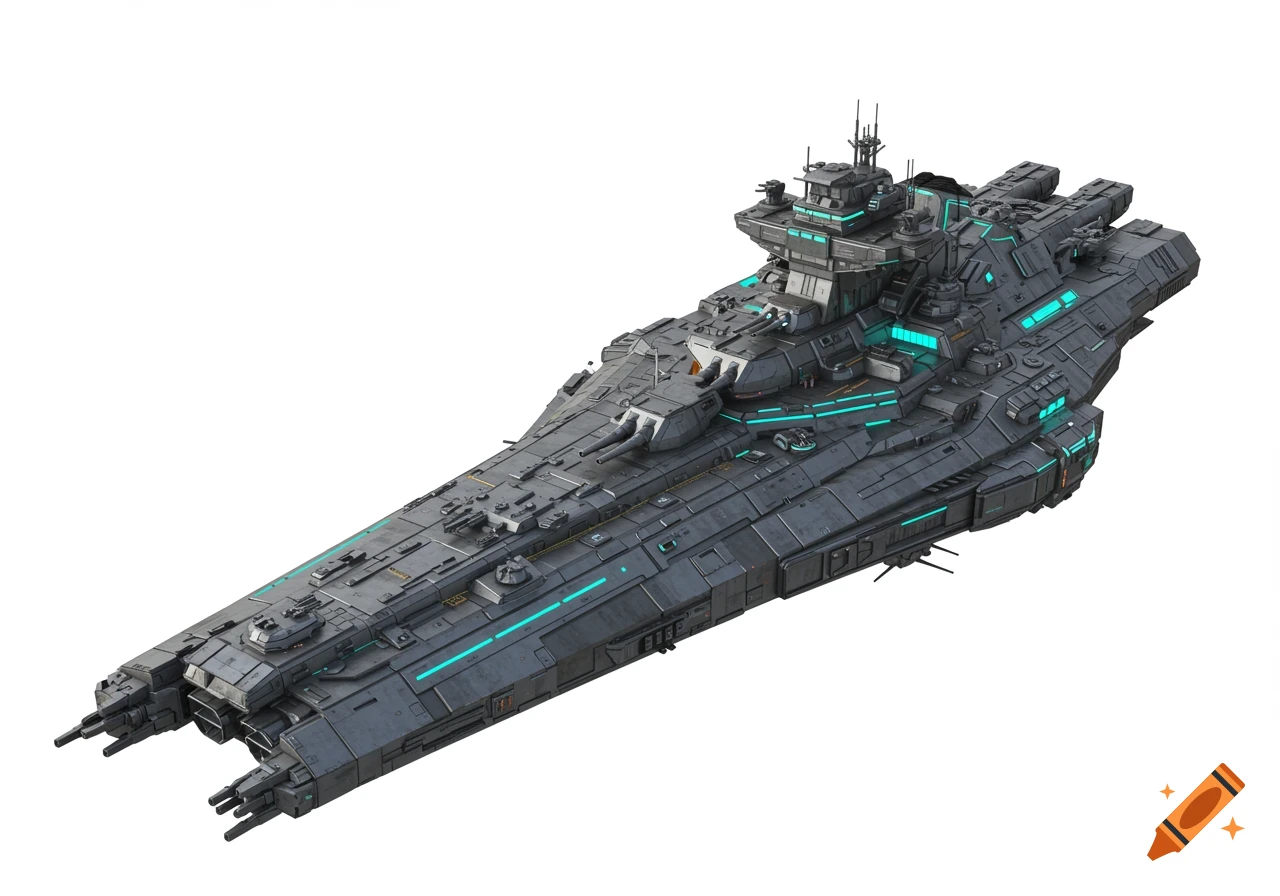 A large, futuristic dark gray space battleship with glowing blue accents, seen from an aerial view on a white background.