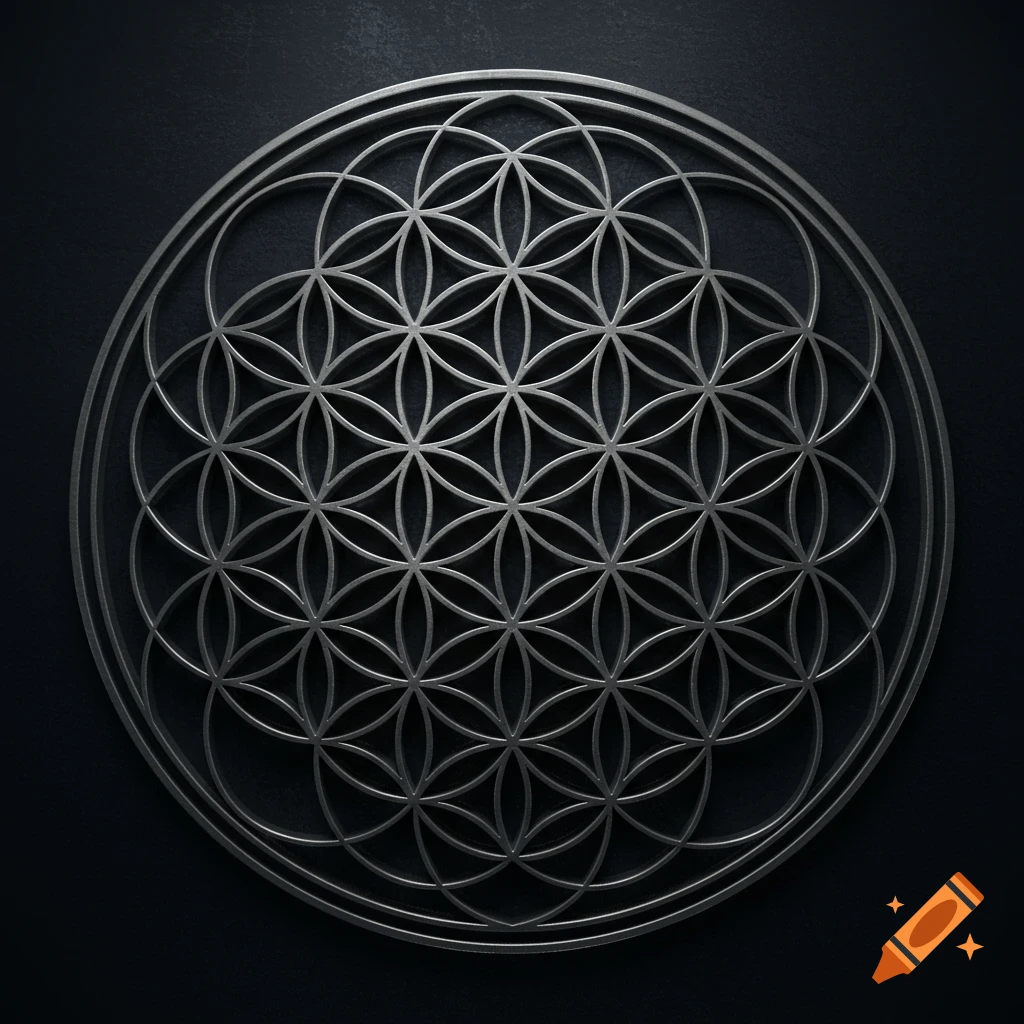 A metallic silver 'Seed of Life' geometric pattern with double lines on a dark, textured background.