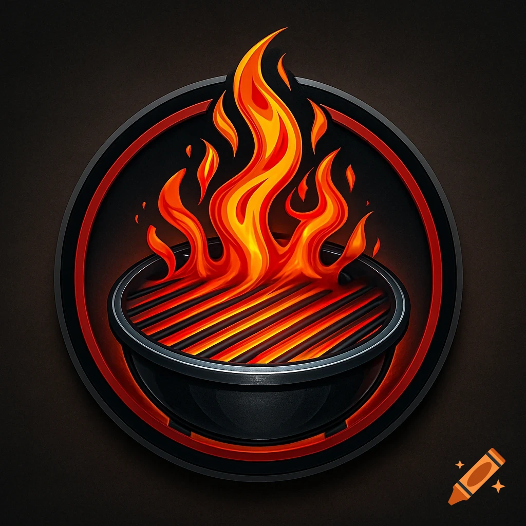 A stylized logo featuring a black grill with vibrant orange and red flames inside a circular black and red border.