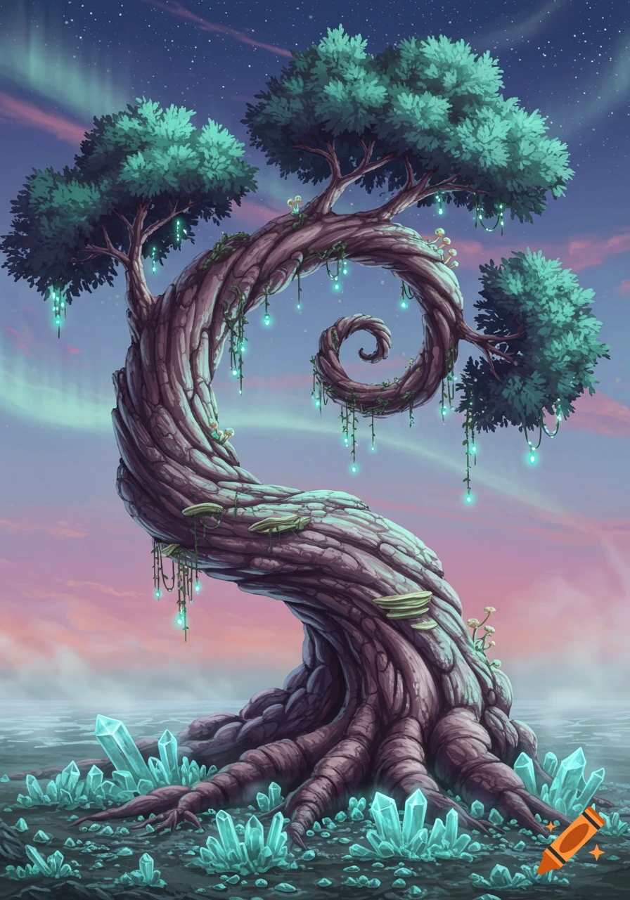 A fantastical tree with a spiraling trunk and green leaves, adorned with glowing blue lights, stands among teal crystals under a starry sky with hints of aurora.