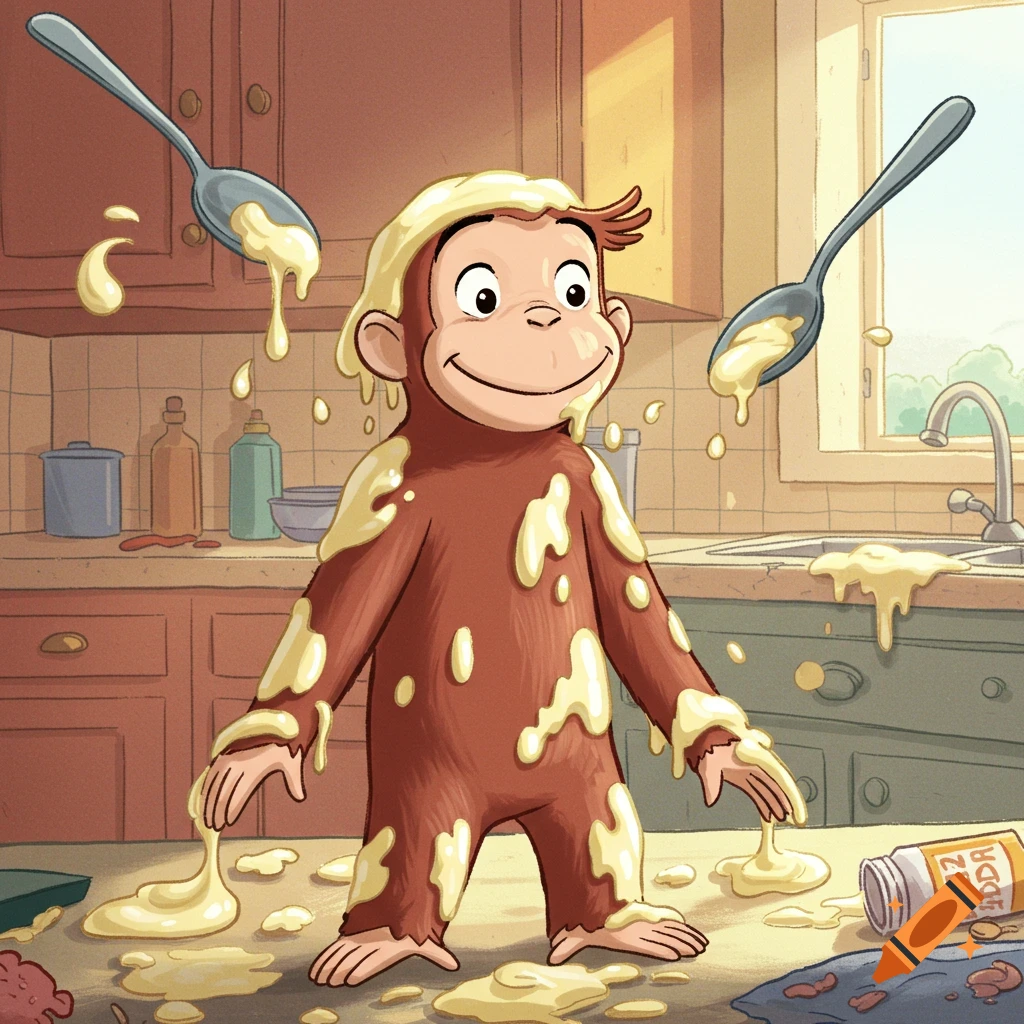 Cartoon of Curious George covered in mayonnaise, standing messily in a kitchen.