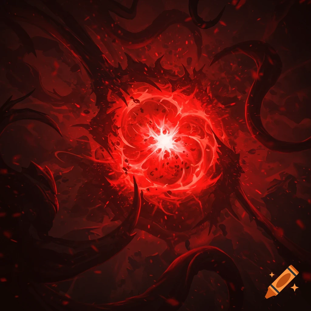 A glowing red chaos orb surrounded by jagged, dark tentacles and swirling energy in a dark art style.