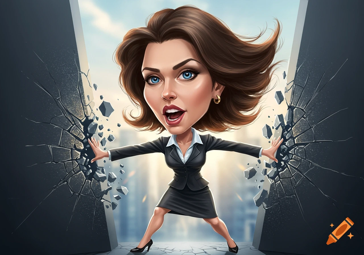Caricature of a determined professional woman breaking through two walls, cartoon style.