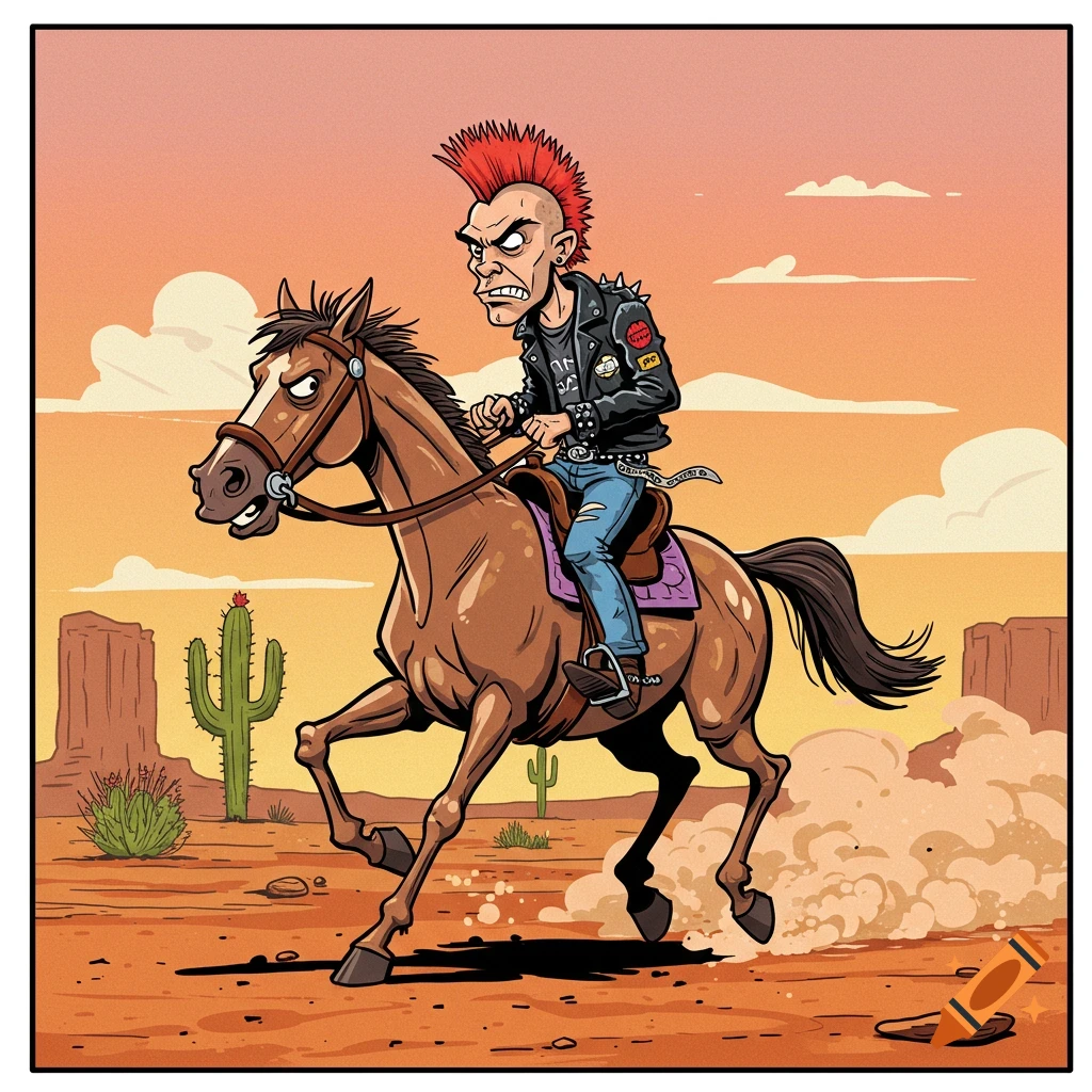 A cartoon punk with a red mohawk and leather jacket rides a horse through a desert landscape with cacti and mesas, dust rising from the horse's hooves.