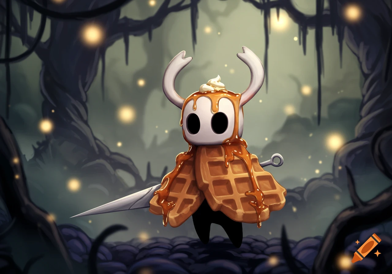 A cartoon character resembling the Hollow Knight, with a waffle cloak drizzled in syrup and whipped cream, stands in a glowing forest.