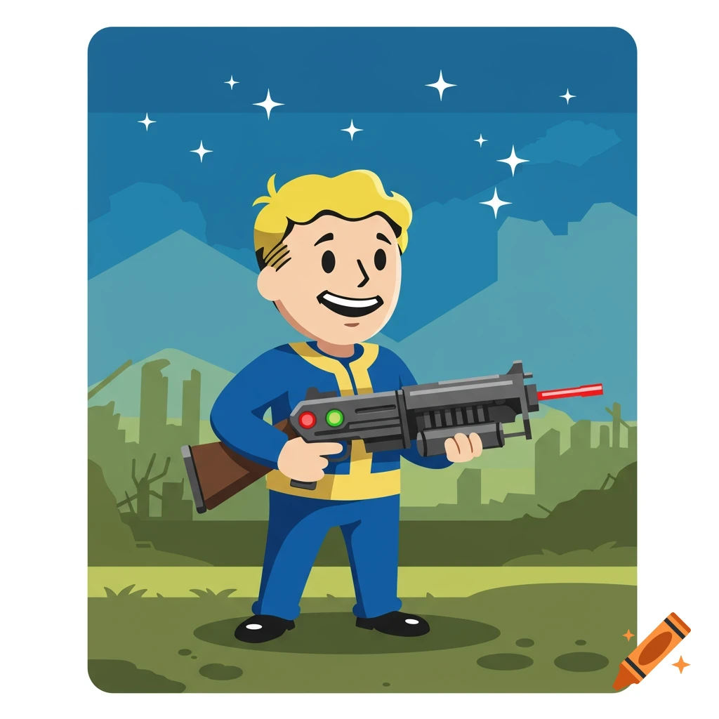 Cartoon illustration of Vault Boy holding a laser rifle against a ruined city and starry sky.