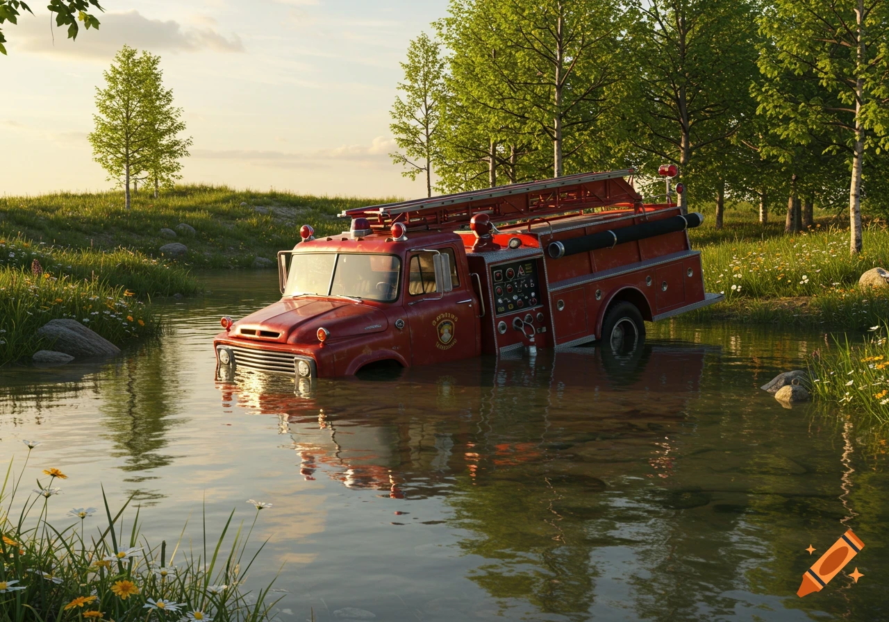 A red retro firetruck partially submerged in a calm body of water, surrounded by green grass and trees under a clear sky.