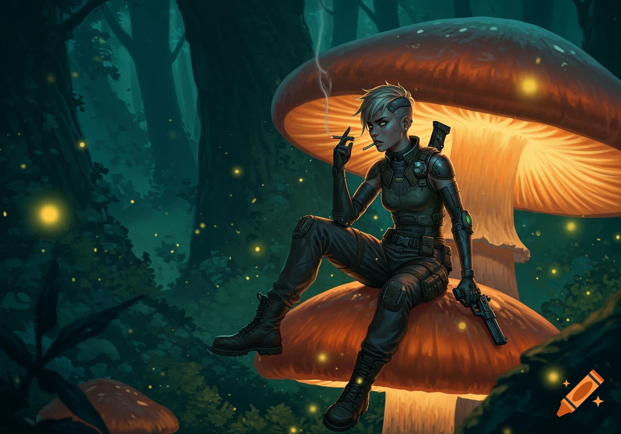 A short-haired woman in tactical gear sits on a glowing mushroom in a dark, magical forest, smoking a cigarette and holding a gun. Digital art style.