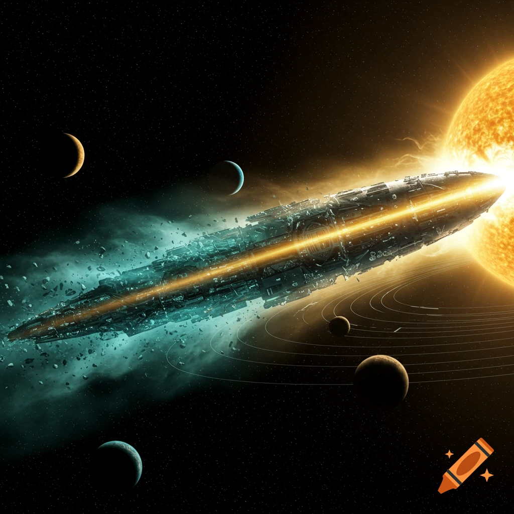 A futuristic spaceship with a bright orange light beam cutting through its center zooms past a yellow sun, planets, and space debris.