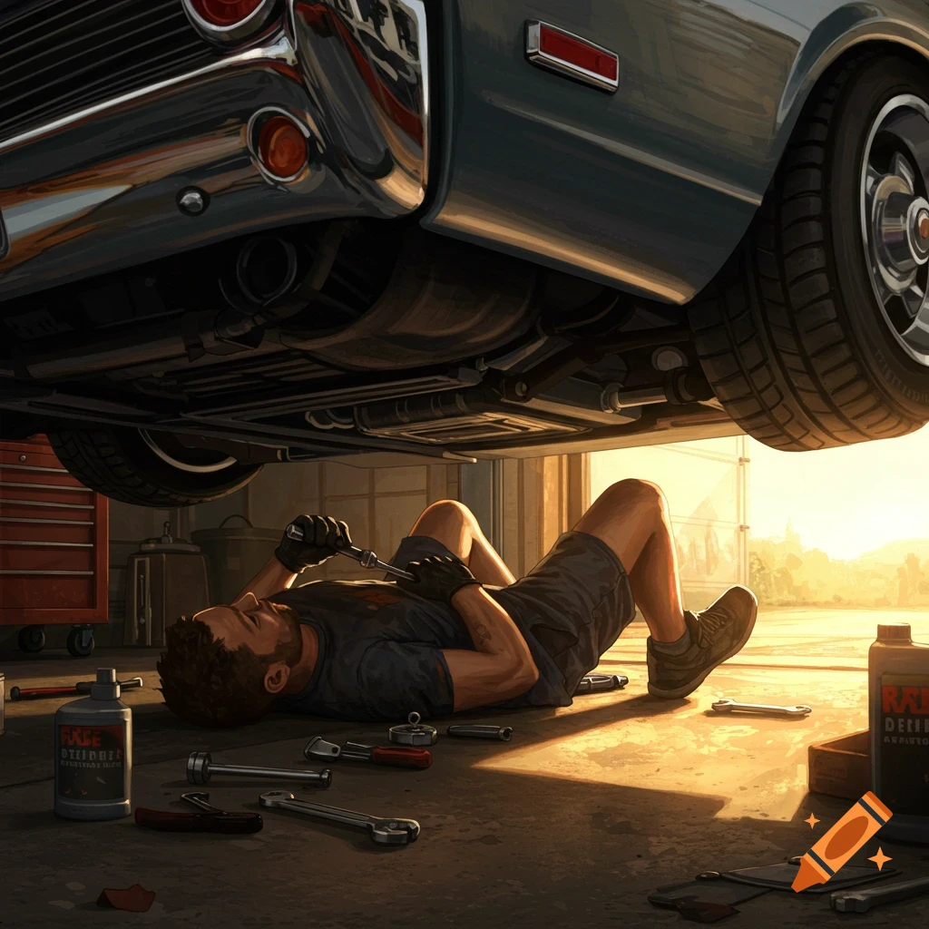 A man in shorts and gloves lies on a garage floor, working underneath a raised car with tools scattered around him, lit by sunset.