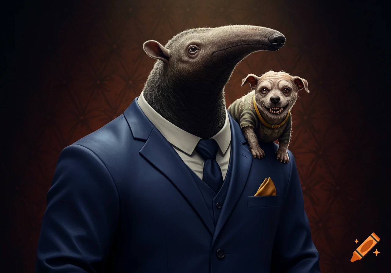 An anteater in a dark blue suit with a small, scruffy dog with yellow teeth and a mischievous grin on its shoulder.