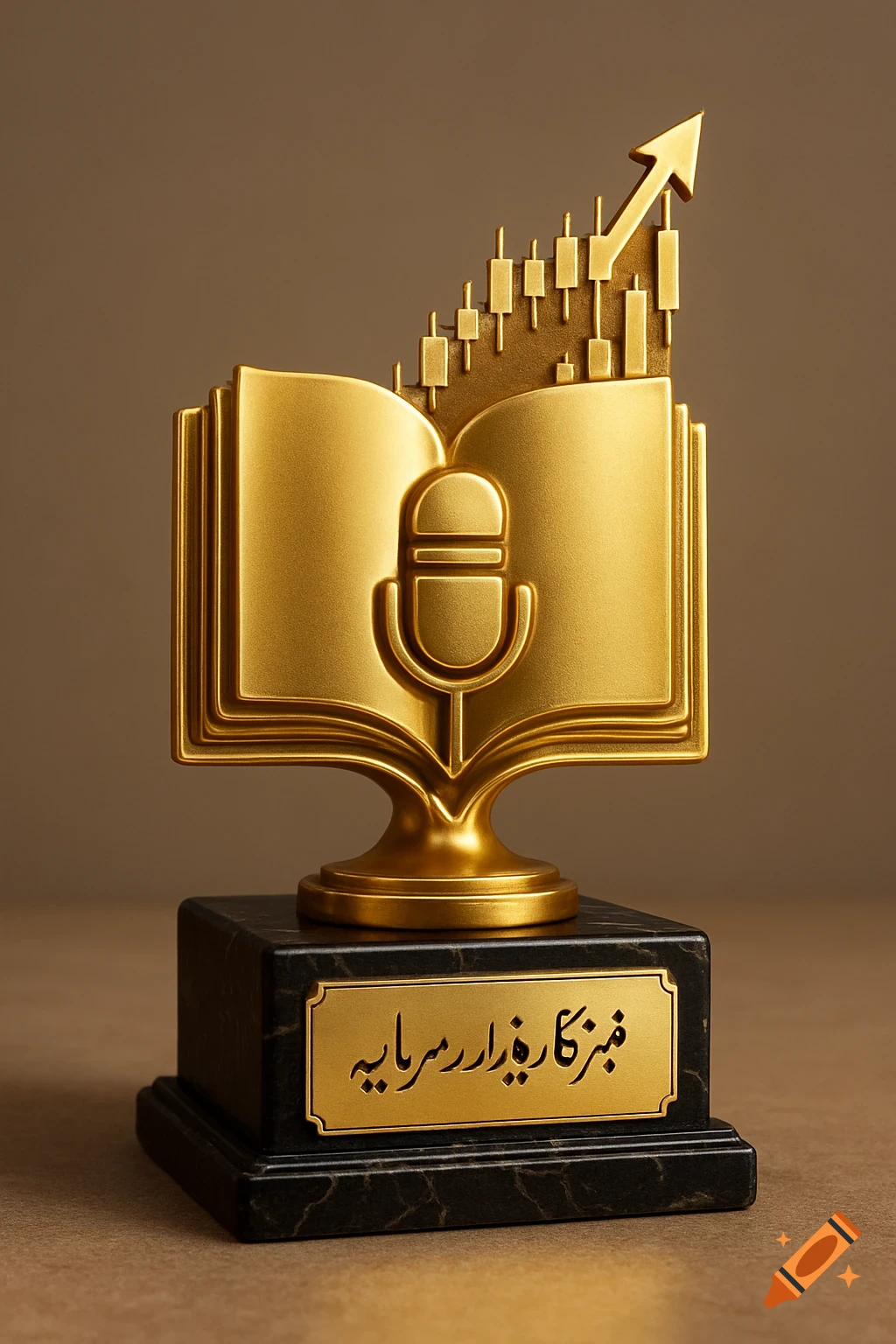Photorealistic golden trophy featuring an open book, a microphone, and a stock chart, on a black marble base with a golden plaque.
