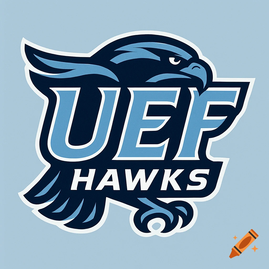 A stylized blue and dark blue hawk head logo with the text 'UEF HAWKS' below, outlined in white on a light blue background.