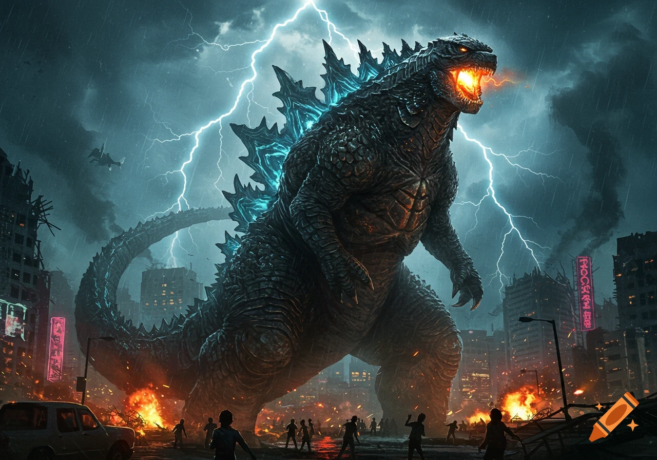 Godzilla roaring with glowing mouth and blue spines amidst a destroyed city under a lightning storm, with people fleeing below.