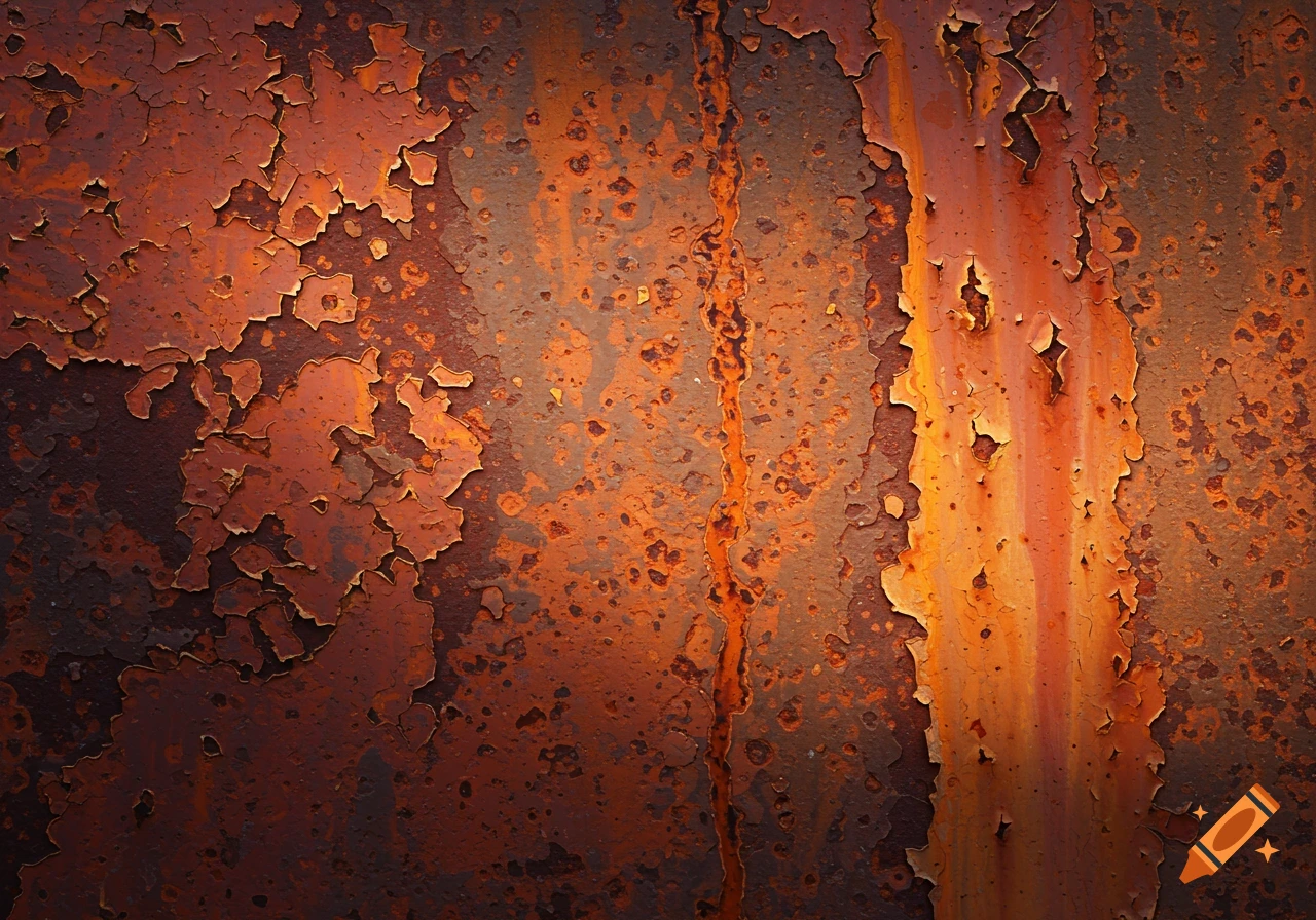 Close-up of a rusty, weathered metal surface with peeling orange and brown paint, showing textured details.