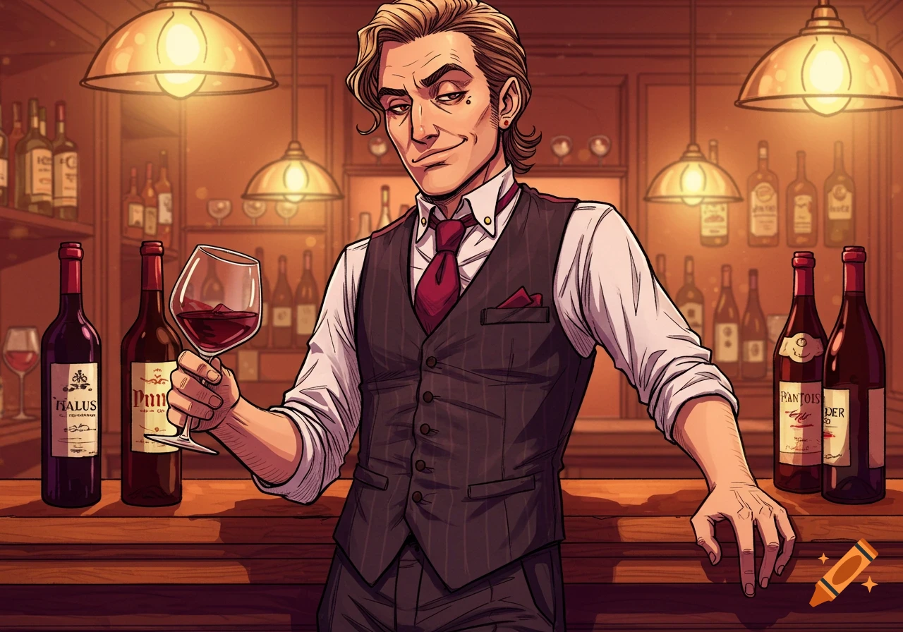 A graphic novel style character sketch of a sommelier standing behind a bar, holding a glass of red wine.