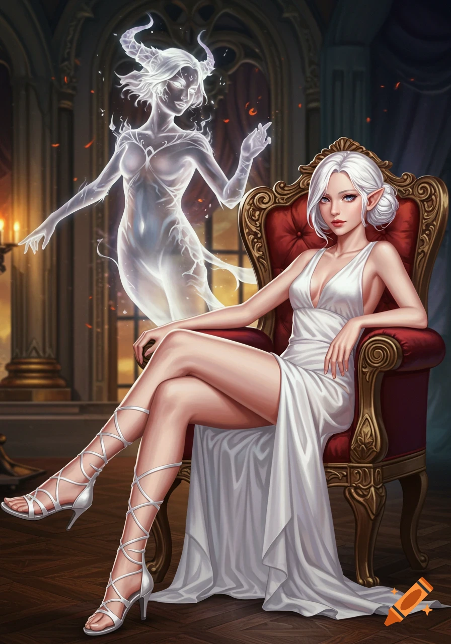 A white-haired elf-like woman in a white dress sits on an ornate red chair, with a translucent, horned spirit behind her in a grand manor. Digital illustration.