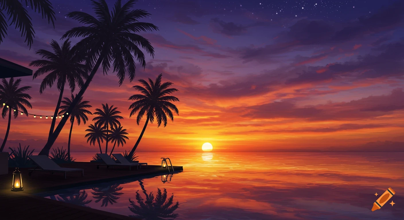 A scenic illustration of a vibrant orange and purple sunset over the ocean, with silhouetted palm trees, a pool, and lounge chairs.