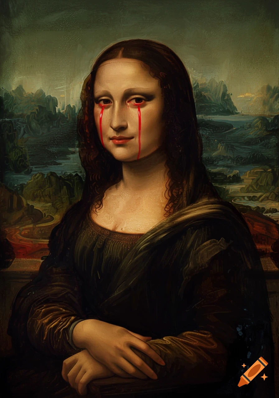 A painting of the Mona Lisa with red tears streaming from her eyes, against a dark, cloudy landscape.