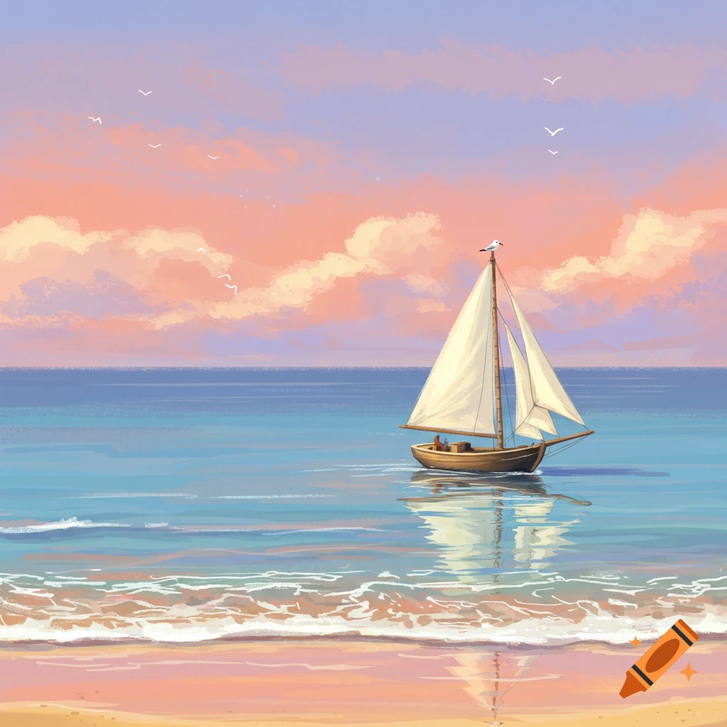 A stylized drawing of a sailboat on calm water near a beach under a colorful sunset sky with scattered clouds and birds.