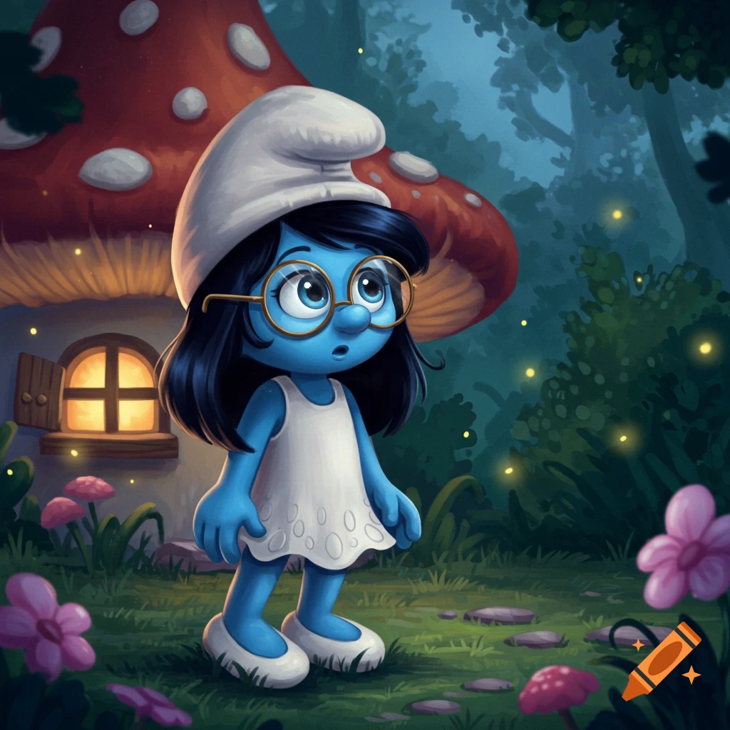 A blue cartoon girl with black hair and large glasses stands in front of a mushroom house in a magical forest.