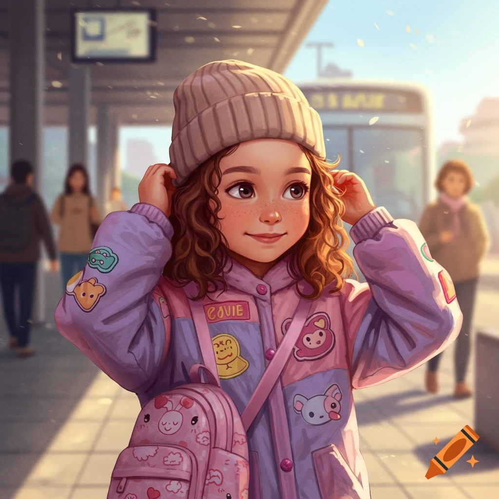 A cute anime-style girl with curly hair and freckles in a pink beanie and jacket stands at a sunny bus stop.