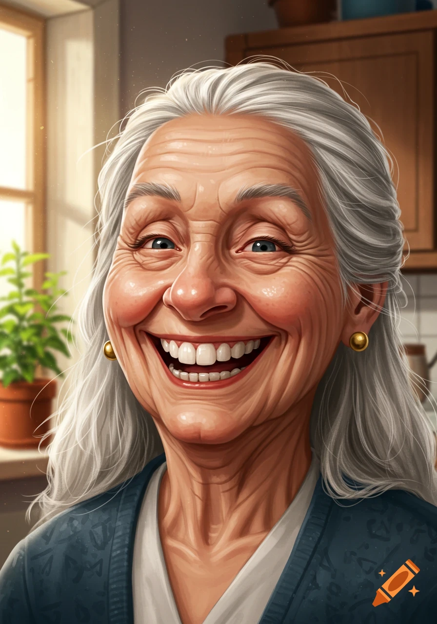 Stylized portrait of a happy old woman with white hair smiling broadly, showing her teeth.