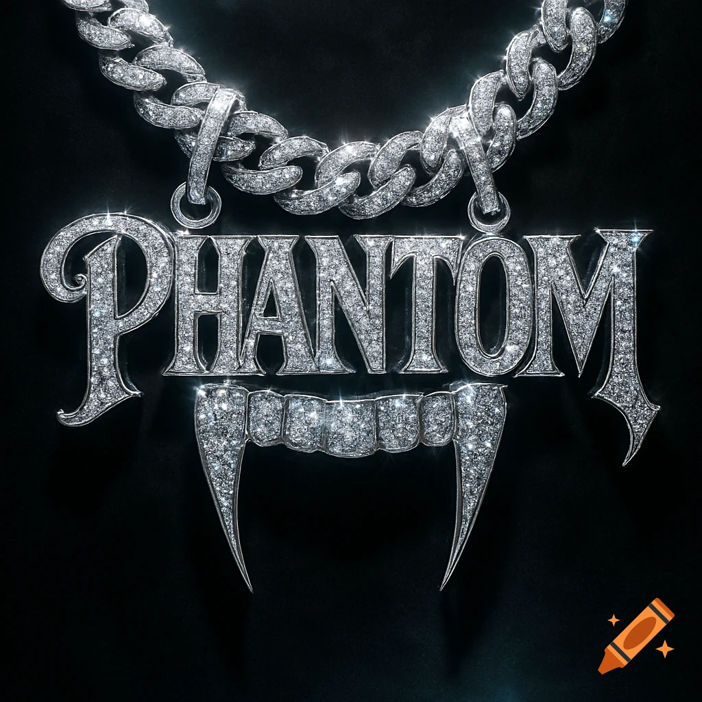 A close-up of a sparkling diamond-encrusted chain with a "PHANTOM" pendant and fangs below it, against a dark background.
