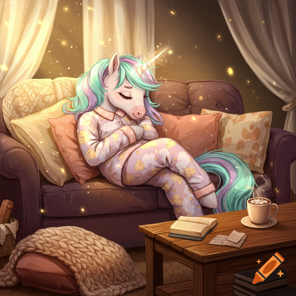 A cartoon unicorn with pastel hair in pink pajamas sleeps soundly on a cozy purple couch, surrounded by pillows and soft light.