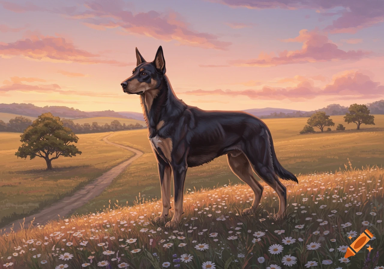 A black and tan dog stands in a field of daisies at sunset, with a winding path and rolling hills in the background.