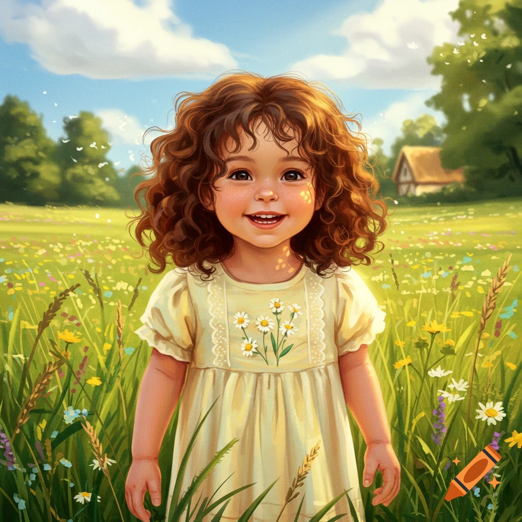 A smiling young girl with curly brown hair in a yellow dress stands in a sunny field of green grass and wildflowers.