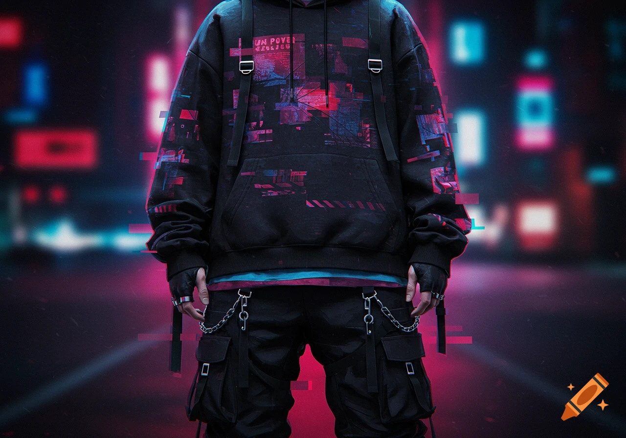 Close-up of a person wearing a black oversized hoodie with red and blue glitch graphics, black cargo pants with chains, and fingerless gloves, against a blurred neon city background.