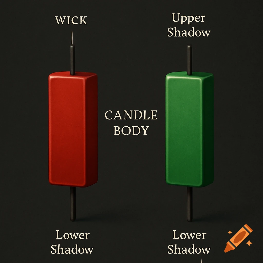 An illustration of red and green financial candlestick charts, showing and labeling the wick, candle body, upper shadow, and lower shadow.