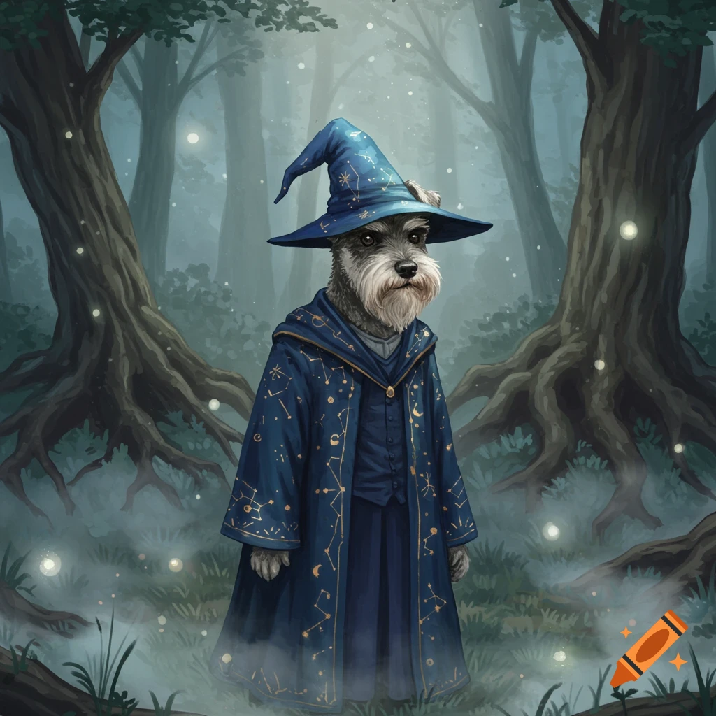 A detailed illustration of a schnauzer dog wearing a blue wizard hat and robe adorned with constellations, standing in a magical forest.