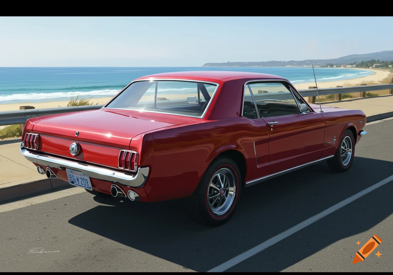A red 1966 Ford Mustang parked on a road overlooking a sunny beach and ocean.