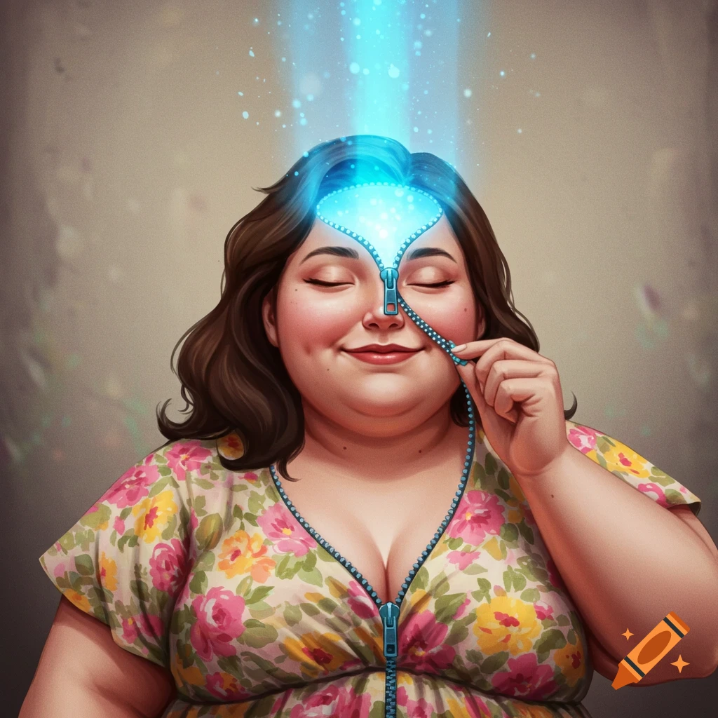 An illustrated image of a smiling woman with closed eyes, wearing a floral dress, pulling a zipper on her forehead from which blue light emerges.