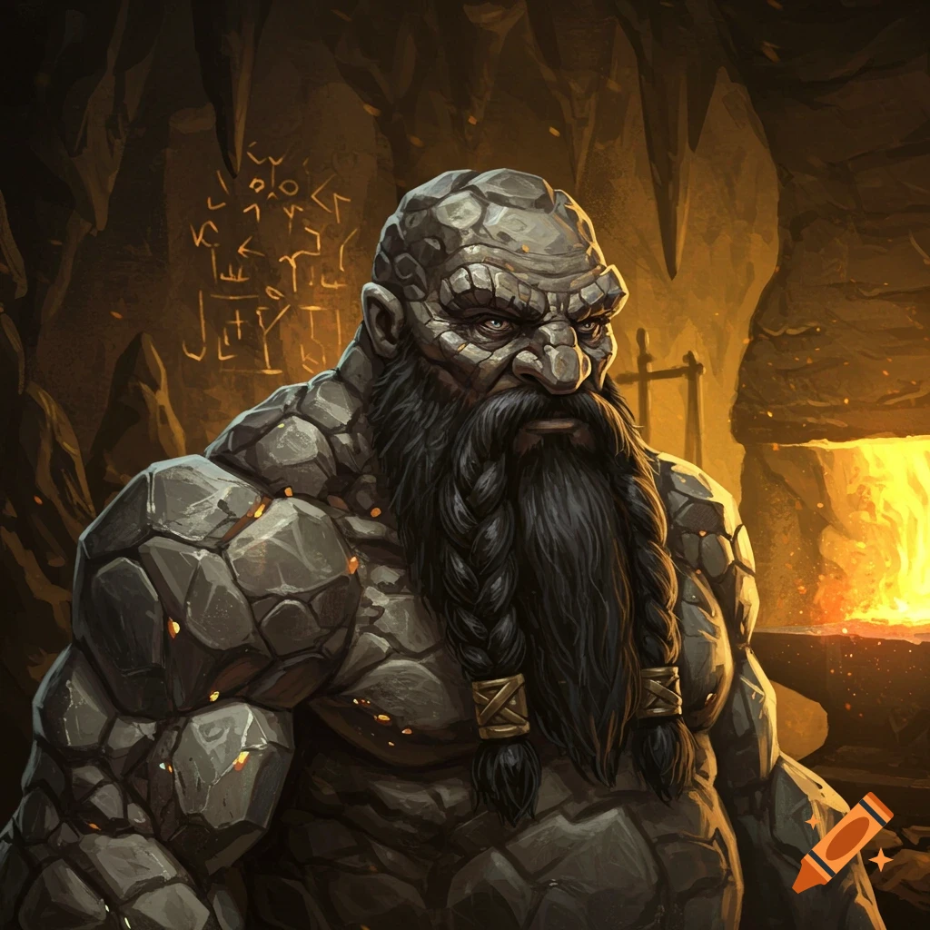 A rock-skinned dwarf with a long, braided black beard stands in a cave with a glowing forge.