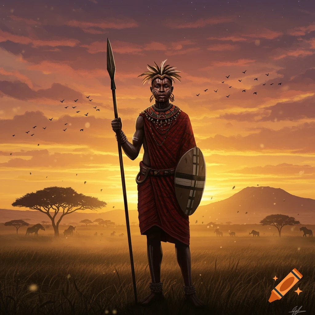 An African warrior with a spear and shield stands in a golden savannah at sunset, with distant animals and birds.