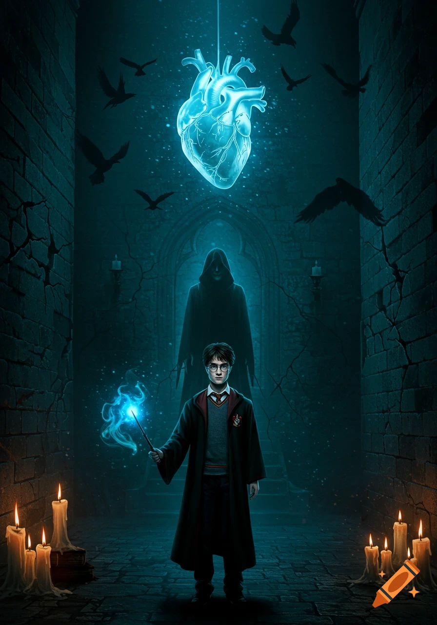 Harry Potter casting a blue spell in a dark, torchlit hall with a glowing heart above and a shadowy figure behind.